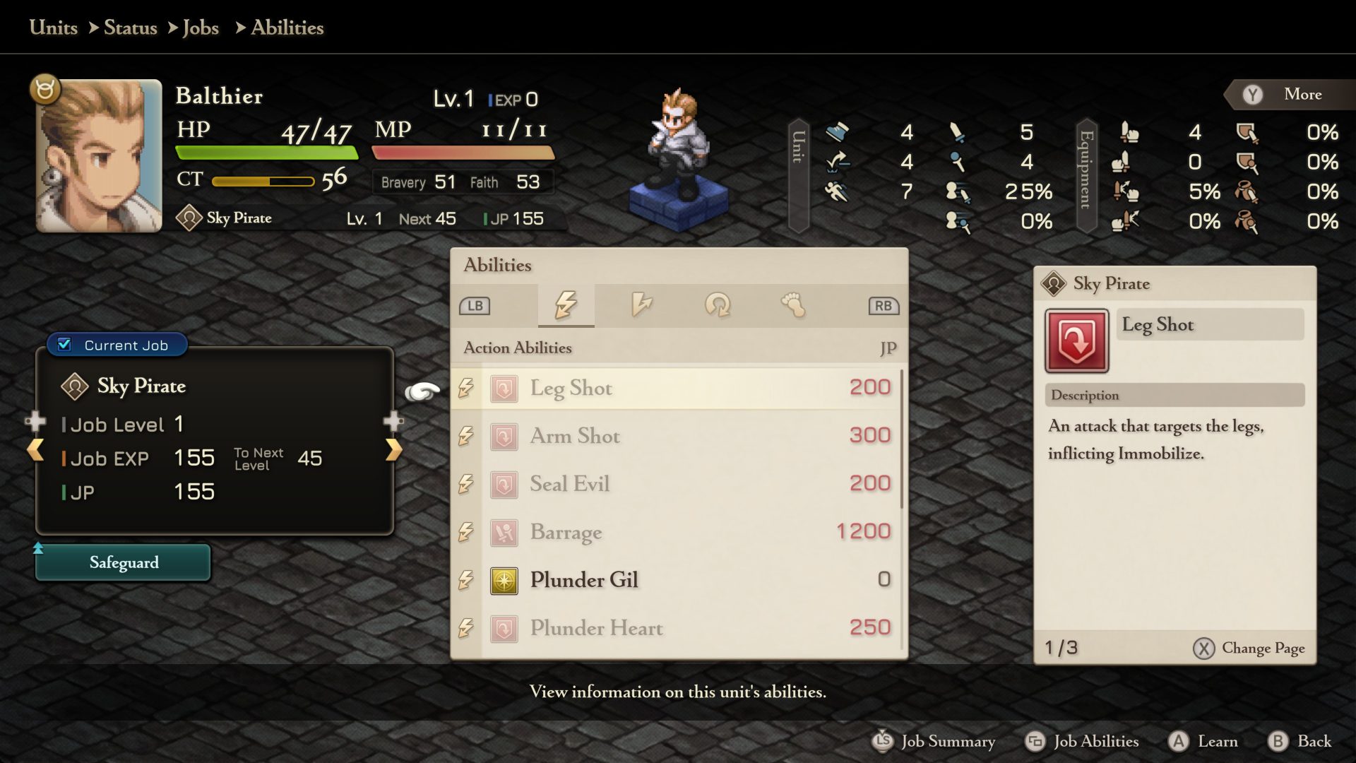 Tela de habilidades de Balthier com o ataque Leg Shot selecionado