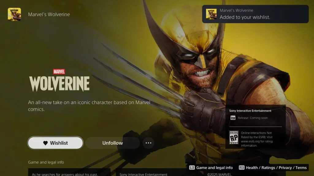 Marvel’s Wolverine já pode ser adicionado à lista de desejos no PS5