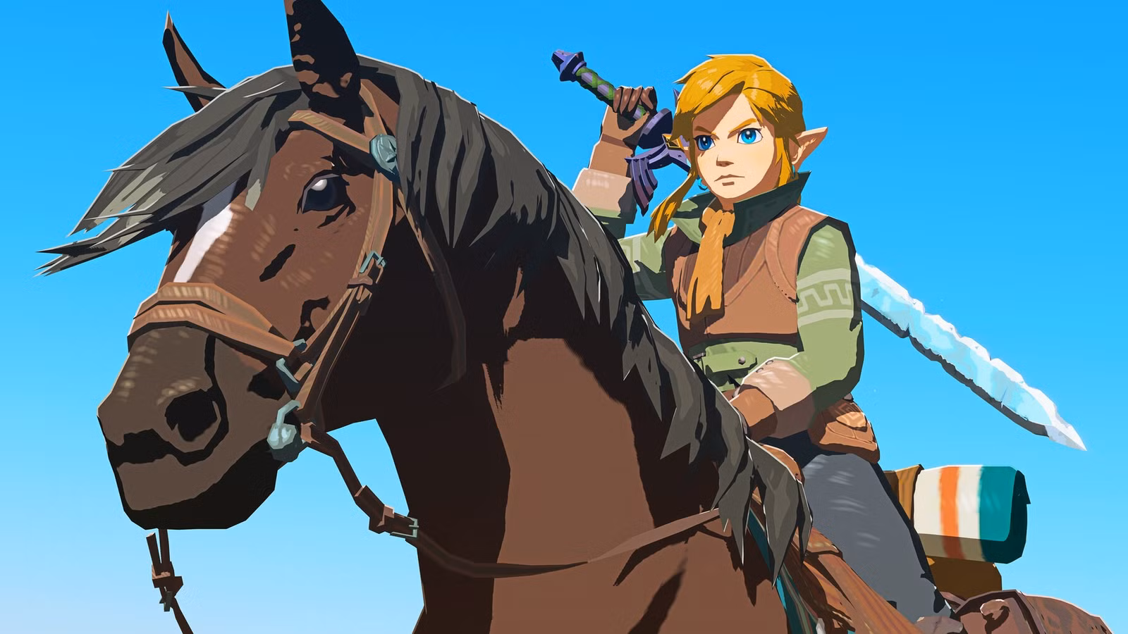 Link em cavalo empunhando a Master Sword em Breath of the Wild
