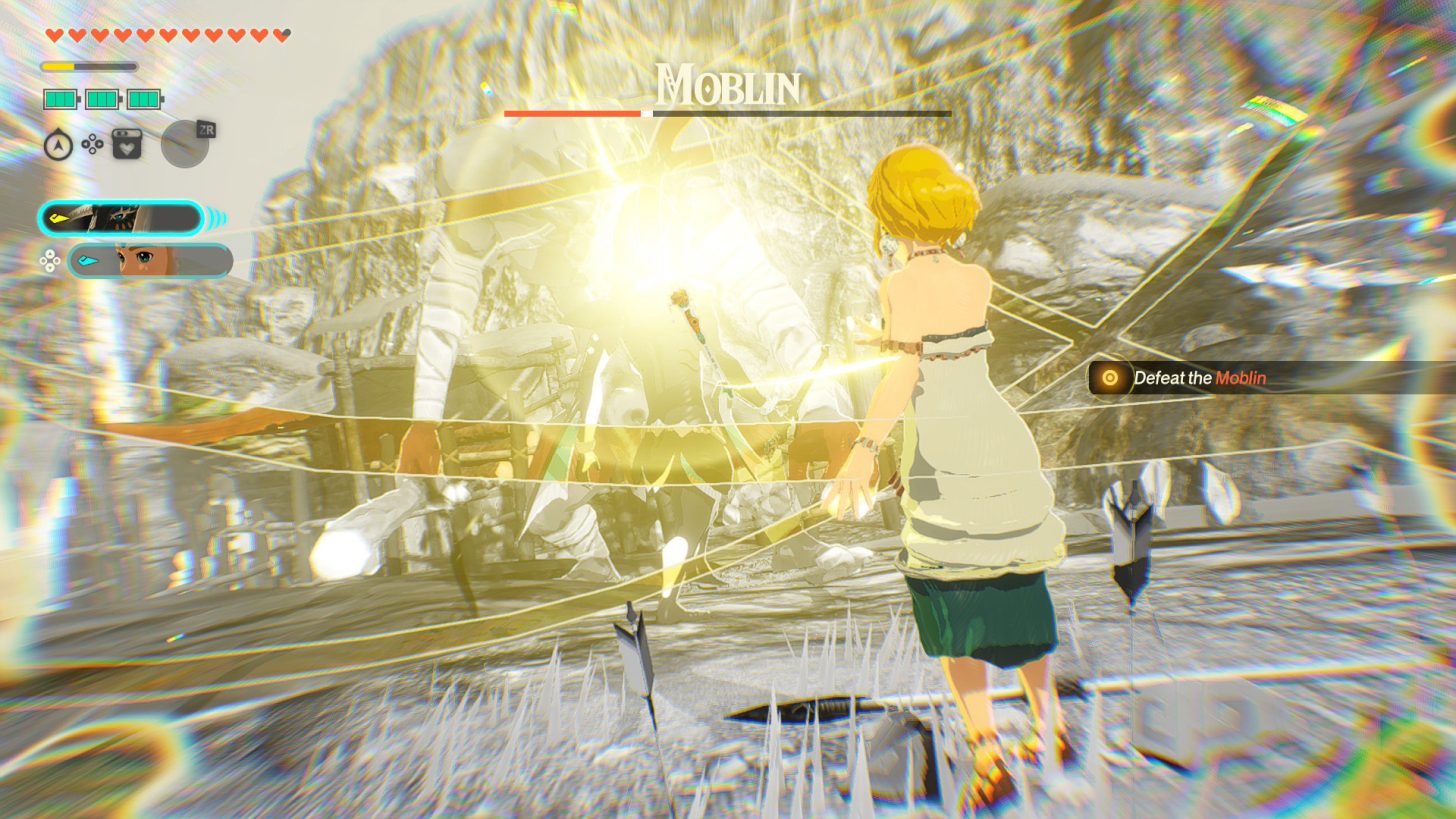 Cena de batalha com Zelda e Rauru enfrentando um Lynel