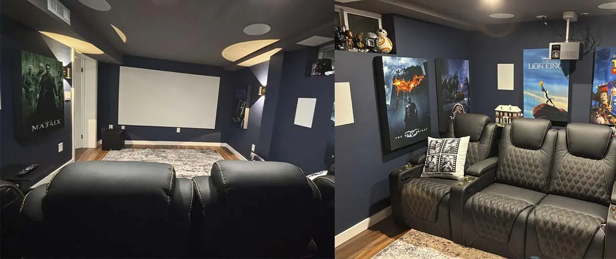“Finalmente tenho um cinema em casa”: homem mostra a sala que montou no porão de casa, equipada com tela de 110 polegadas e sistema de som Dolby Atmos