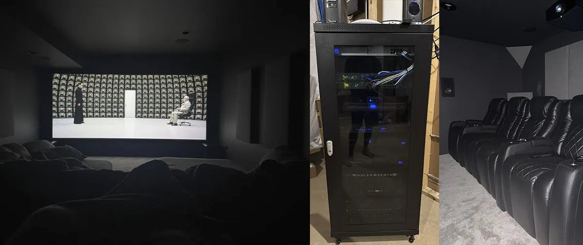 Homem transforma porão em cinema particular com tela de 165 polegadas, Dolby Atmos e rack dedicado aos equipamentos